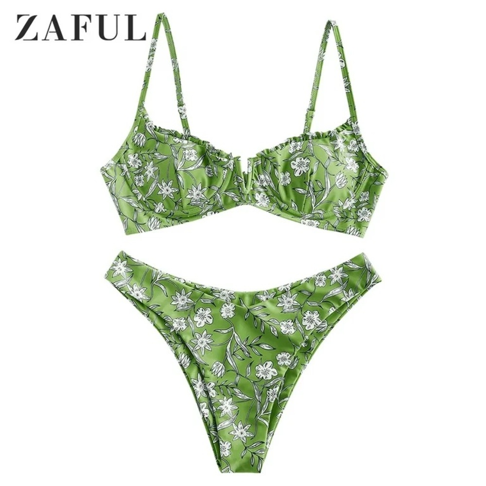 Zaful Green Floral Bikini Set